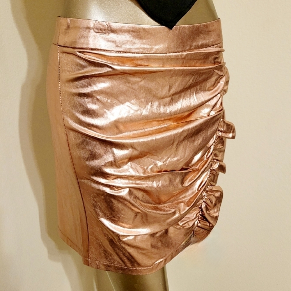 NWT ROSE GOLD METALLIC SIDE RUFFLE RUCHED MINI SKIRT - Picture 10 of 13
